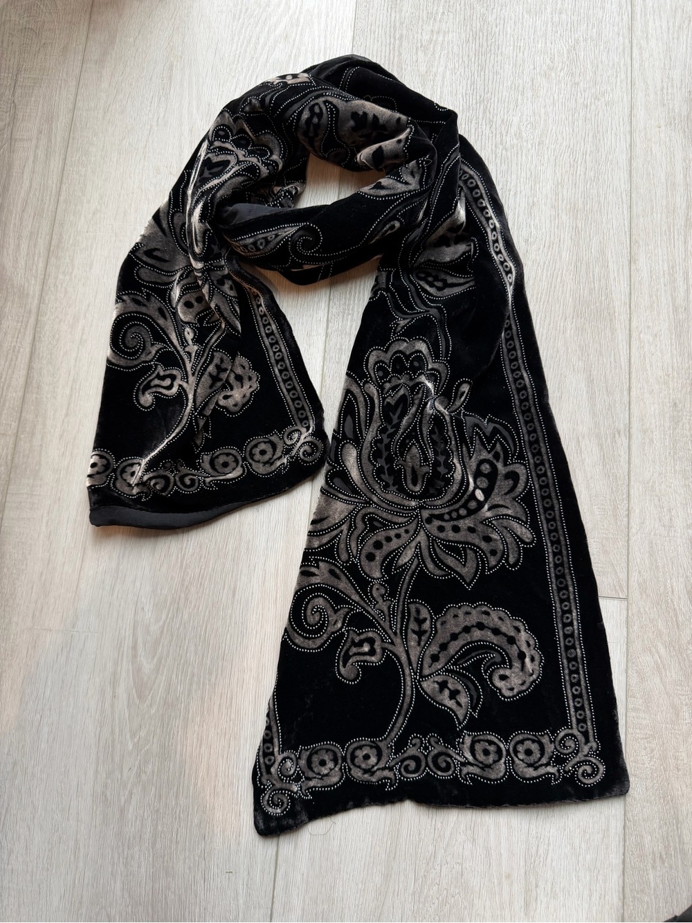 Elegant Black Velvet Floral Embossed Scarf